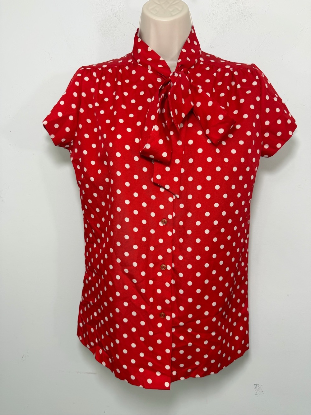 Vintage Red Polka Dot Tie-Neck Blouse small short sleeve button front
